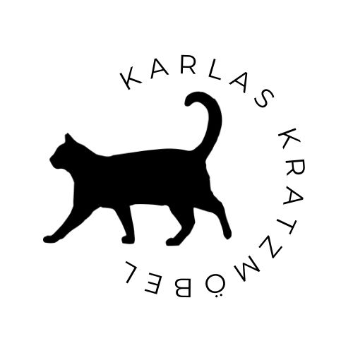 Unser Logo: eine Kreisfförmige Überschrift "Karlas Kratzmöbel" aus der eine schwarze Katze nach links herausläuft. 